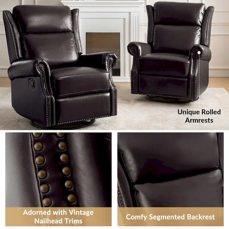 Fauteuil inclinable, pivotant et coulissant manuel Viviana en cuir véritable traditionnel par HULALA HOME
